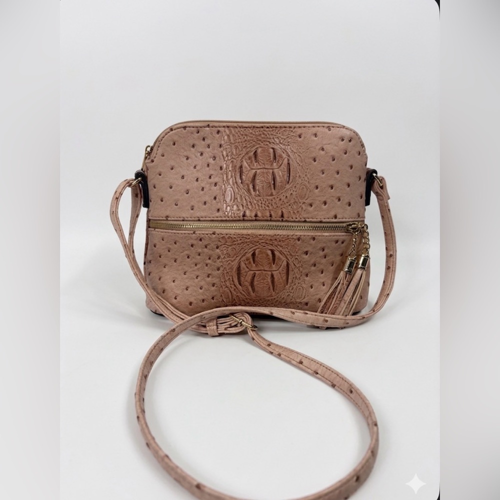 Faux Ostrich & Croc Embossed Crossbody Bag with Tassel - Blush Peach